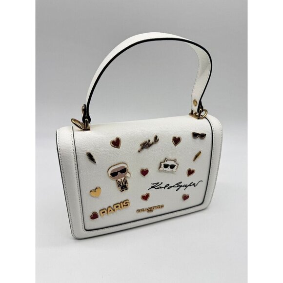 KARL LAGERFELD Simone leather flap top handle small satchel (no long strap)WHITE - Picture 4 of 12